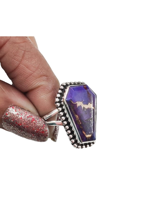 Purple Copper Turquoise Ring, Natural Turquoise Ring, December Birthstone, Womens Ring, Coffin Ring, 925 Sterling Silver, Christmas, Handmade, Statement Jewelry, Coffin Shape Gemstone Ring