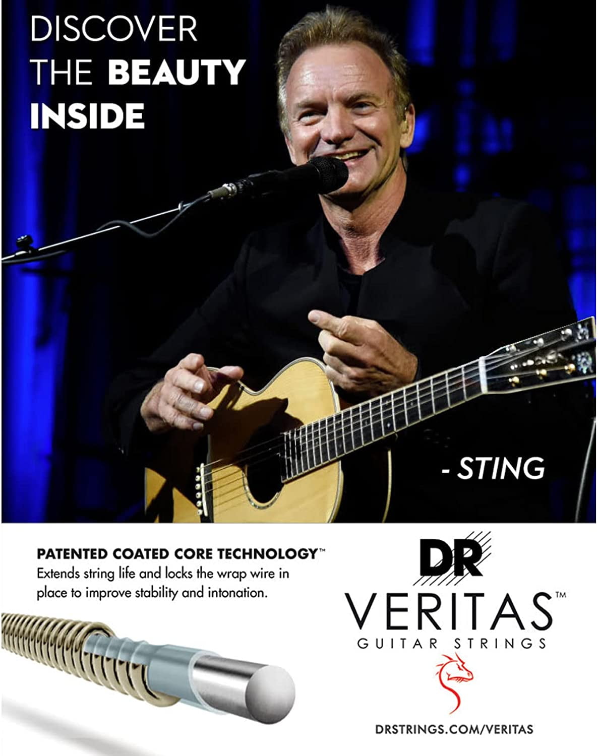 DR Strings VERITAS Uncoated Accurate Core Technology Acoustic Guitar Strings 3-Pack Light (12-54)