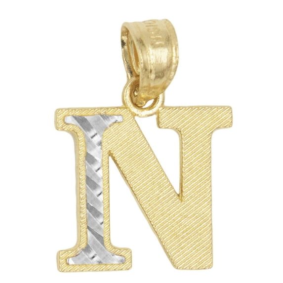 14k Real Solid Gold Two Tone N Initial Pendant with Diamond Cut Finish, Available in Different Letters Personalized Letter Jewelry Gifts for Her with 16 Inch Gold Chain
