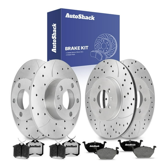 AutoShack Front Vented & Rear Solid Drilled & Slotted Silver Zinc Coated Brake Rotors   Ceramic Pads 12-PC Brake Kit Replacement for 2000-2001 Volkswagen Golf SilverShield Pro