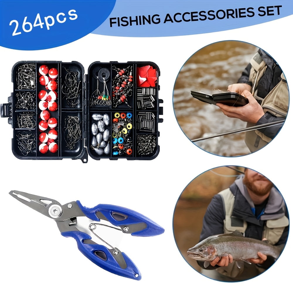 264Pcs Complete Fishing Tackle Kit with Storage Box, Fishing Pliers, Hooks, Sinkers, Swivels, Snap Swivels and Sinker Slider Accessories for Outdoor Fishing
