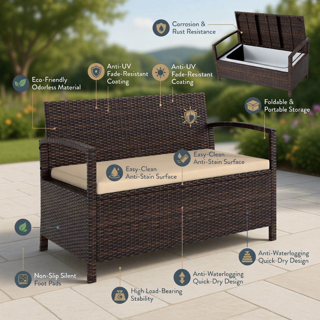 Hommoo Outdoor PE Wicker 2-Person Storage Bench with Beige Cushion, 42-Gallon Waterproof Deck Box for Patio, Garden & Poolside, Natural