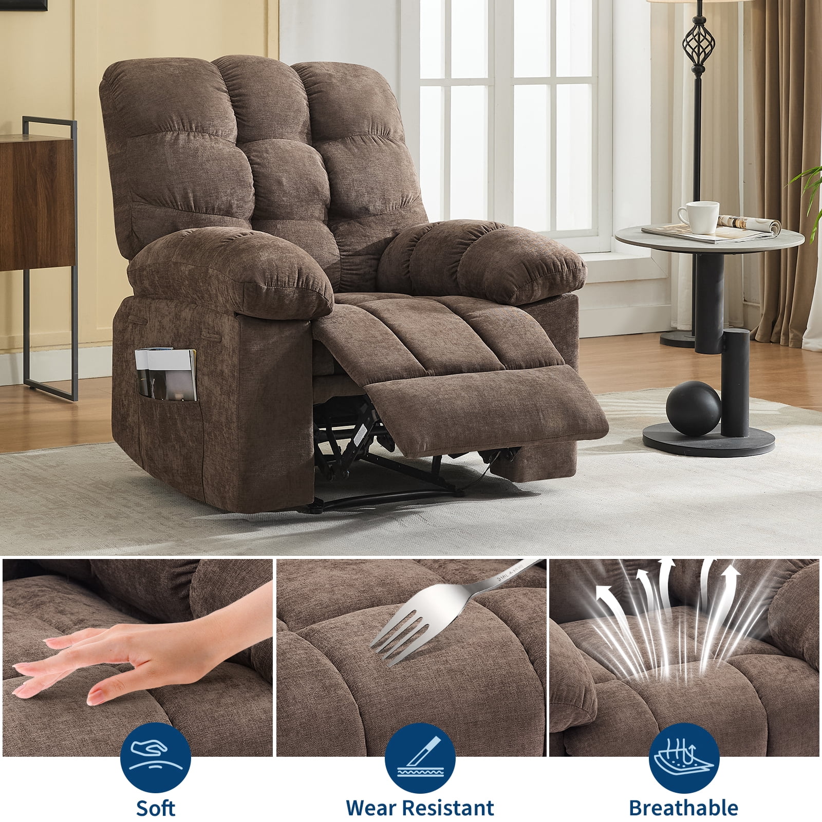 Recliner Chair for Adult, Recliner with Massage&Heating, Manual Recliners, Upholstery Rocking Sofa Chair, Coffee