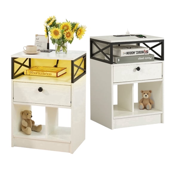 Halicool Modern Nightstand with Charging Station, LED Light, 1 Drawer, Storage Shelf, 2-Pack