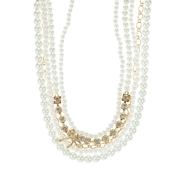 No Boundaries Multi Row Goldtone and Pearl Choker Necklace with Bow Charm, 1 Piece