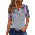 thumbnail image 4 of Staron Women's Casual Printed V-Neck Button-Down Short Sleeve Blouse Loose Fit T-Shirt Top, Purple S, 4 of 7