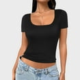 thumbnail image 3 of DuoJiaJ Women's Square Neck Short Sleeve Double Layer Tops Basic Slim Fit Going Out T Shirt Push Up Bras Black, 3 of 5