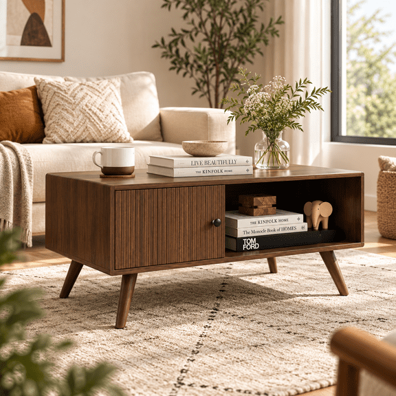 Modern Wood Coffee Table with Storage Cabinet, Mid Century Living Room Table with Open Shelf, Walnut Finish