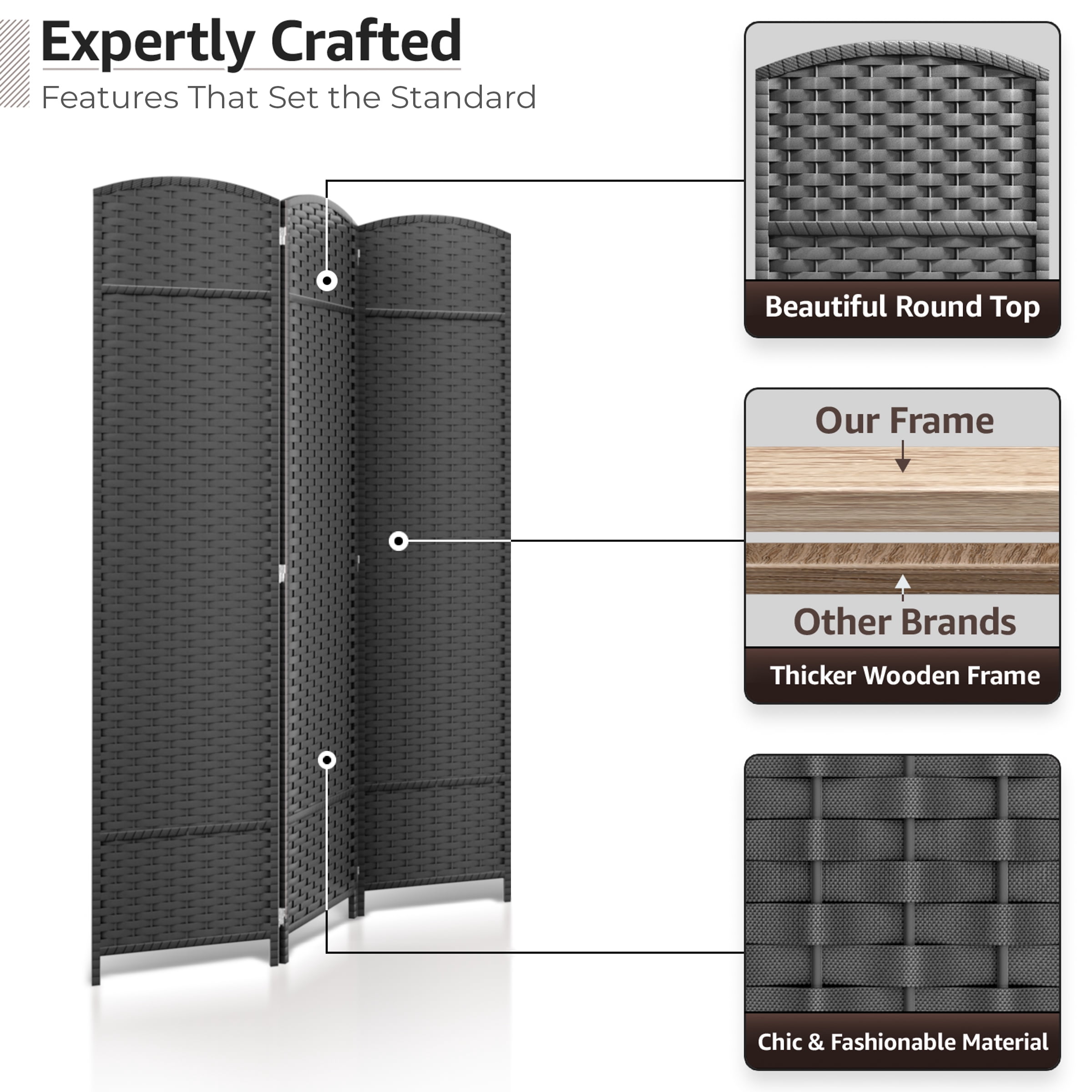 Sorbus 3-Panel Wide Folding Room Divider Privacy Screen, Hand-Woven Gray Mesh