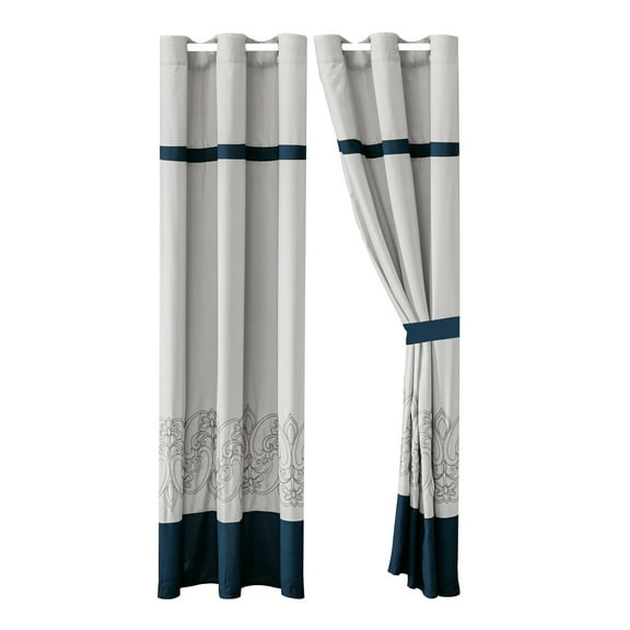 4-Piece Prince Curtain Set Drape Sheer Liner|French Lily Fleur-de-lis Floral Damask Embroidery Stripe|Gray Blue|Grommet