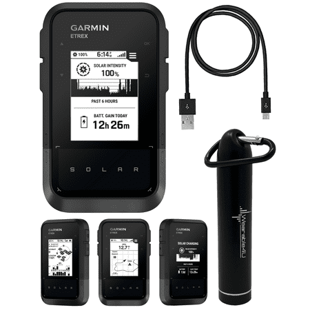 Garmin eTrex Solar, GPS Handheld Navigator, Unlimited Battery Life, Water Resistant with Wearable4U Power Bank Bundle