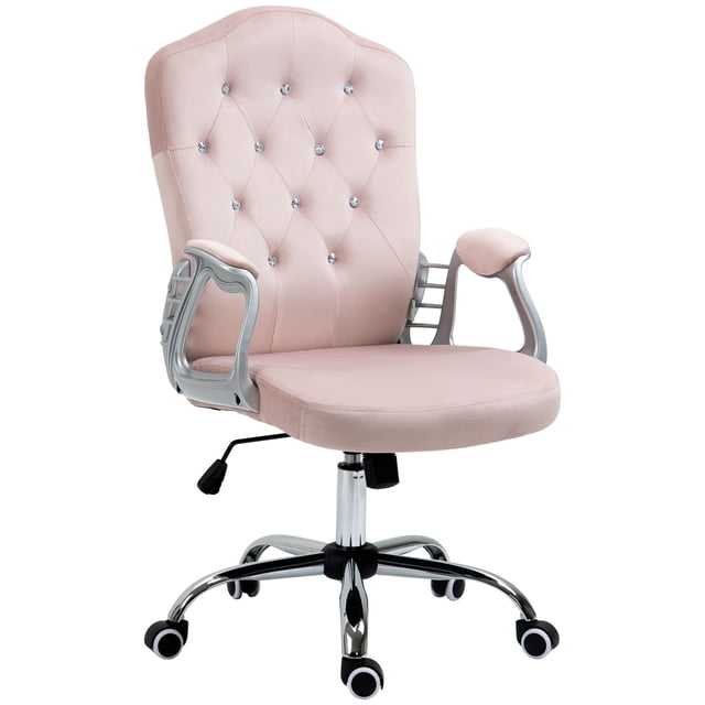 Velvet Office Chair with Button Tufted Back, Pink Desk Chair - Adjustable Height, Swivel Task Chair for Home Office & Study, 24" x 24"