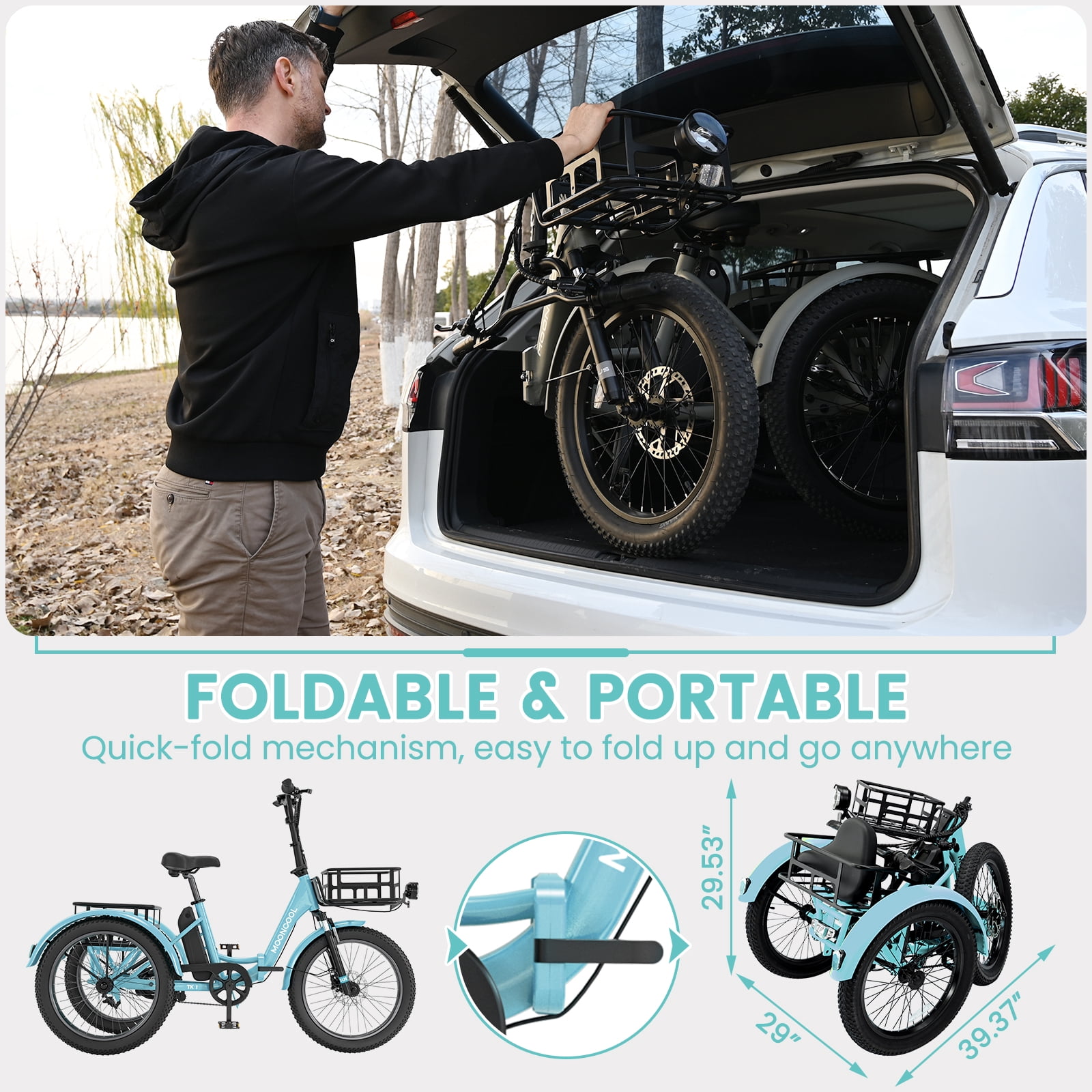 Lilypelle  Folding Electric Tricycle for Adults, Peak 1000W Motor 48V Foldable Ebike Electric Trike, 20" Fat Tire 3 Wheel Electric Bicycle with Front & Rear Baskets & Pet Carrier