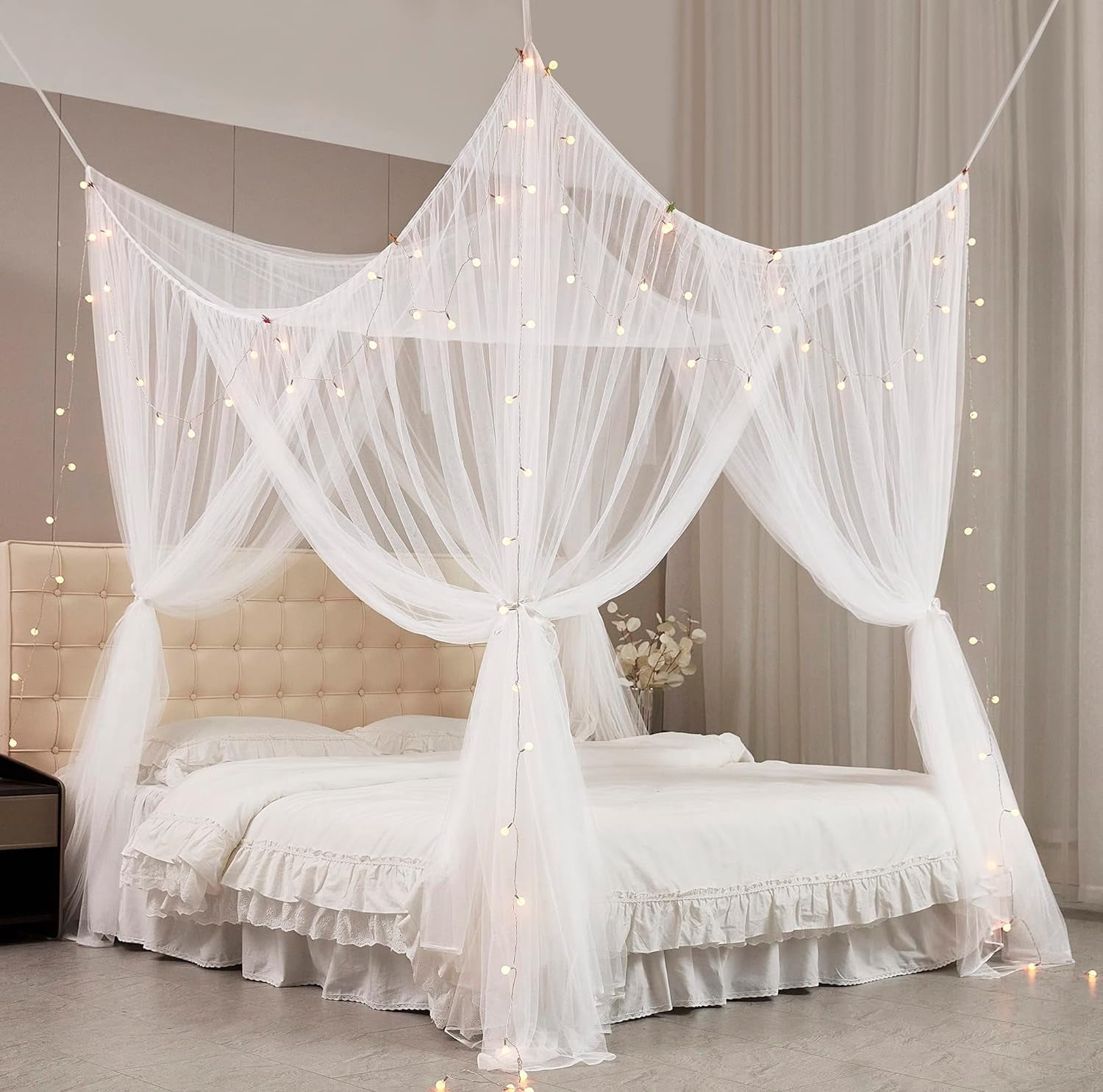 Bed Canopy for Full Queen King Size Bed,Canopy Bed Curtains Elegant Mosquito Net,Mosquito Netting for Camping Patio Indoor Outdoor Bug Net,White