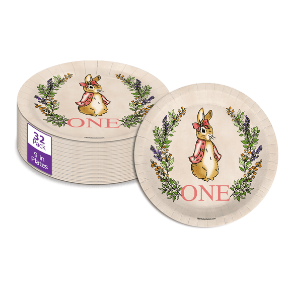 Peter Rabbit Girl's First Birthday - 32 Piece Disposable Party Supplies - Decorations for Bunny 1st Birthday Round Party Plates - Large 9" Paper Plates In Bulk