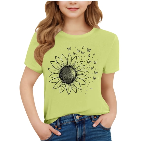 FamilyThread Toddler Girls Boys Versatile Short Sleeve T-Shirt Flower Graphic Print Tunic Tops Crewneck Casual Summer Shirt For 3-15Y
