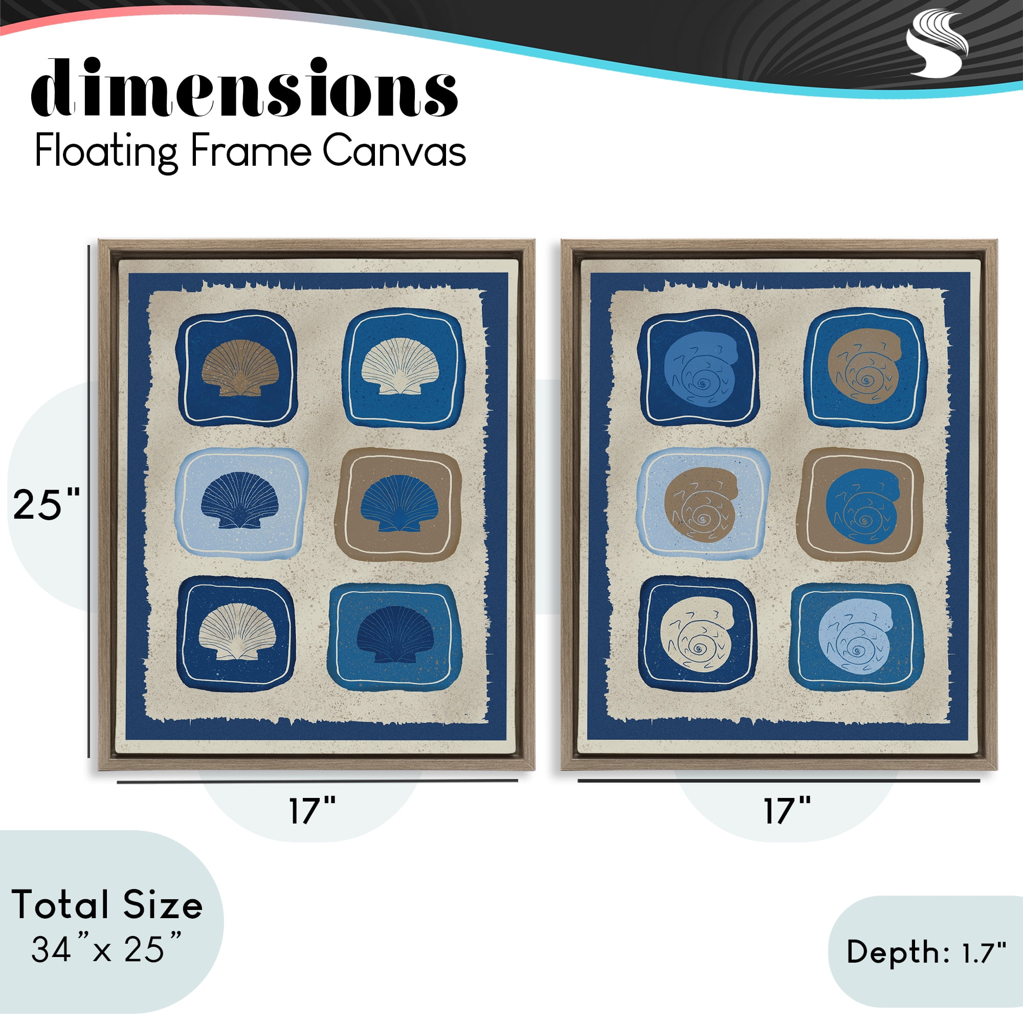 Stupell Industries Blue Blocked Seashells 2 Piece Brown Framed Floater Canvas Set, design by Julia Frost