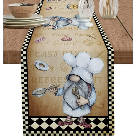 Table Runners 13x70inch Chef Cook Gnome Cotton Linens Table Cloth Dresser Scarves for Parties Wedding Coffee/Dinning Table Runner Black White Plaid Home Decorations