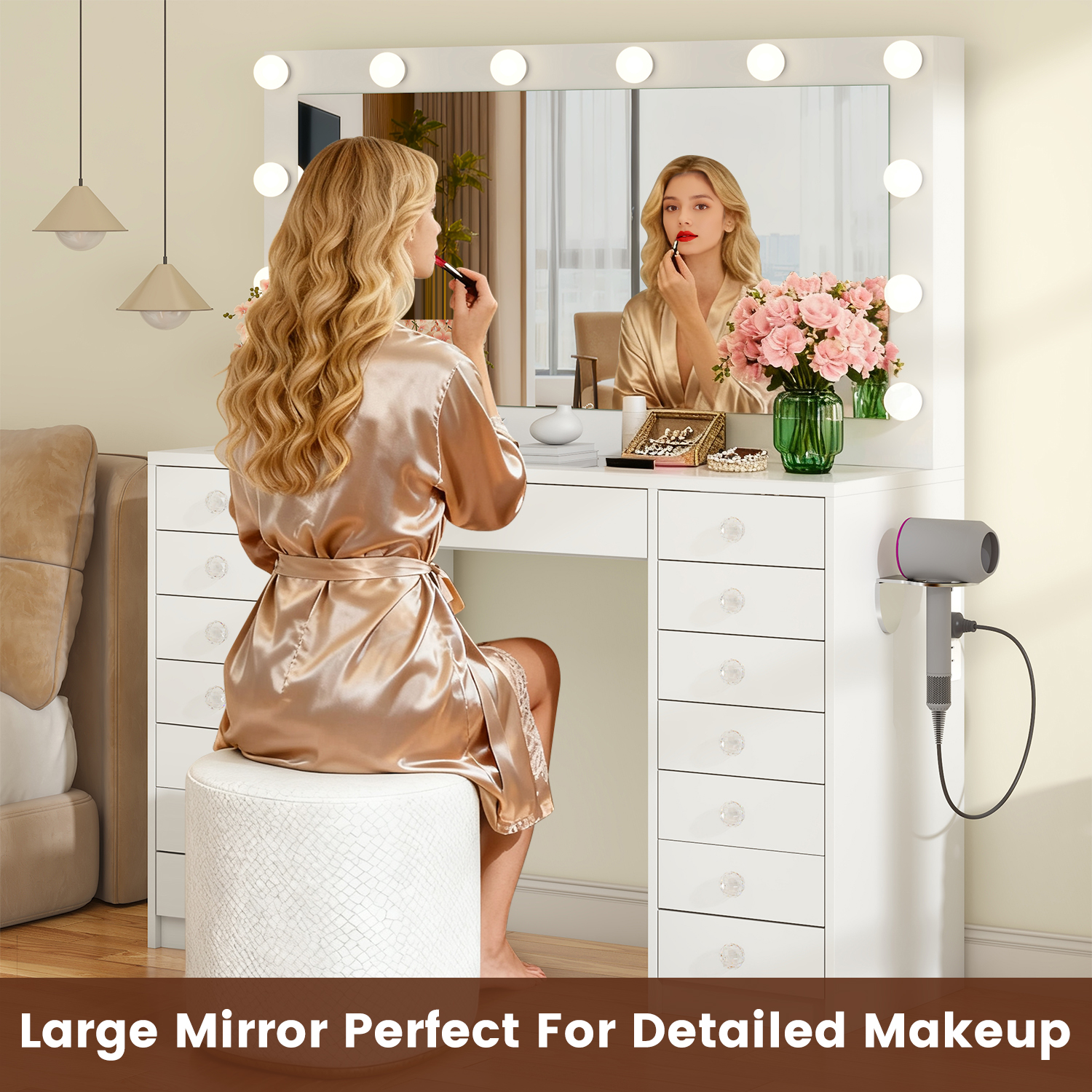 Winkalon Vanity Desk with Mirror and LED Lights, Makeup Vanity with 15 Drawers, Vanity Table with Power Outlet for Bedroom Dressing Room, White