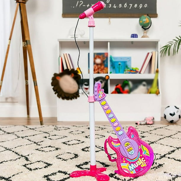 Best Choice Products Guitarra de juguete para niños de 19 pulgadas, juguete de instrumento musical para niños pequeños con micrófono, soporte, 8 canciones de demostración, luces y sonidos, rosa