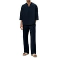 thumbnail image 2 of QATAINLAV Mens Casual 3/4 Sleeve Henley Shirts and Loose Straight Pants 2 Piece Matching Sets Fall Winter Clothes, Navy, XXXL, 2 of 9