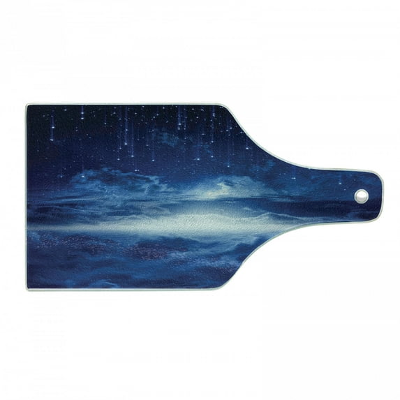 Fantasy Cutting Board, Night Sky with Moon Falling Stars Clouds Horizon Mysterious Space Art, Decorative Tempered Glass Cutting and Serving Board, Wine Bottle Shape, Navy Blue and White, by Ambesonne