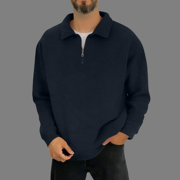 pstuiky camisas de manga larga para hombre, Blusas casuales de color liso con cuello plegable y cremallera para hombre, de manga larga salir tops xl