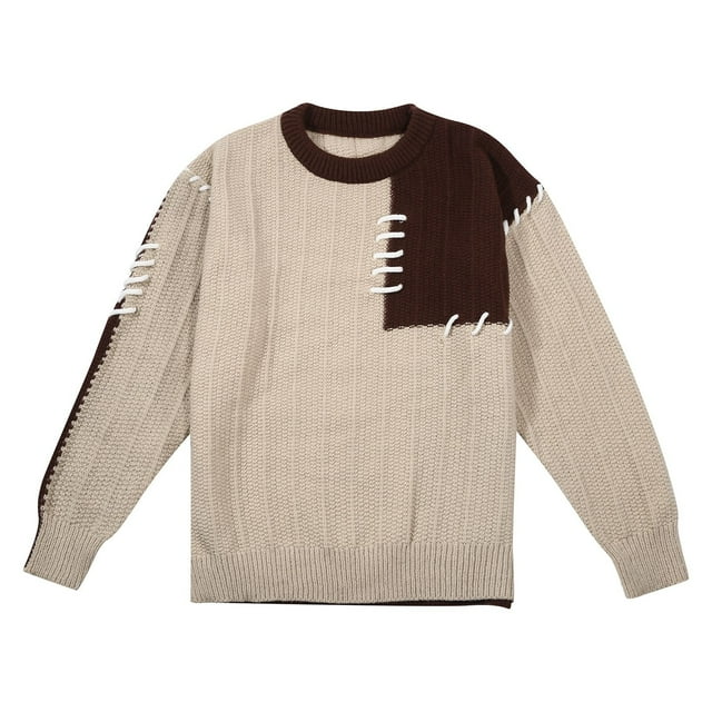 MIASHUI Color Block Sweater Men Fall Winter Loose Casual Lazy Style Design Niche Pullover Knit Shirt Long Sleeve Unique Brown,L