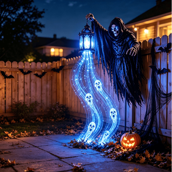 Halloween Grim Reaper Animated Garden Light, Glowing Ghost Yard Decor, Halloween Soul Harvester Animated Garden Light with glowing ghost souls lantern effect spooky Halloween lawns porches walkway