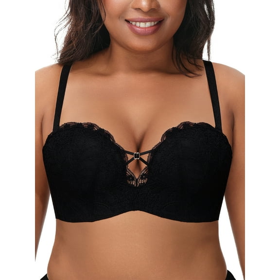Deyllo Women's Push Up Strapless Bra Plus Size Wireless Lace Multi-Way Convertible Straps Padded Support Bra,Black 38C