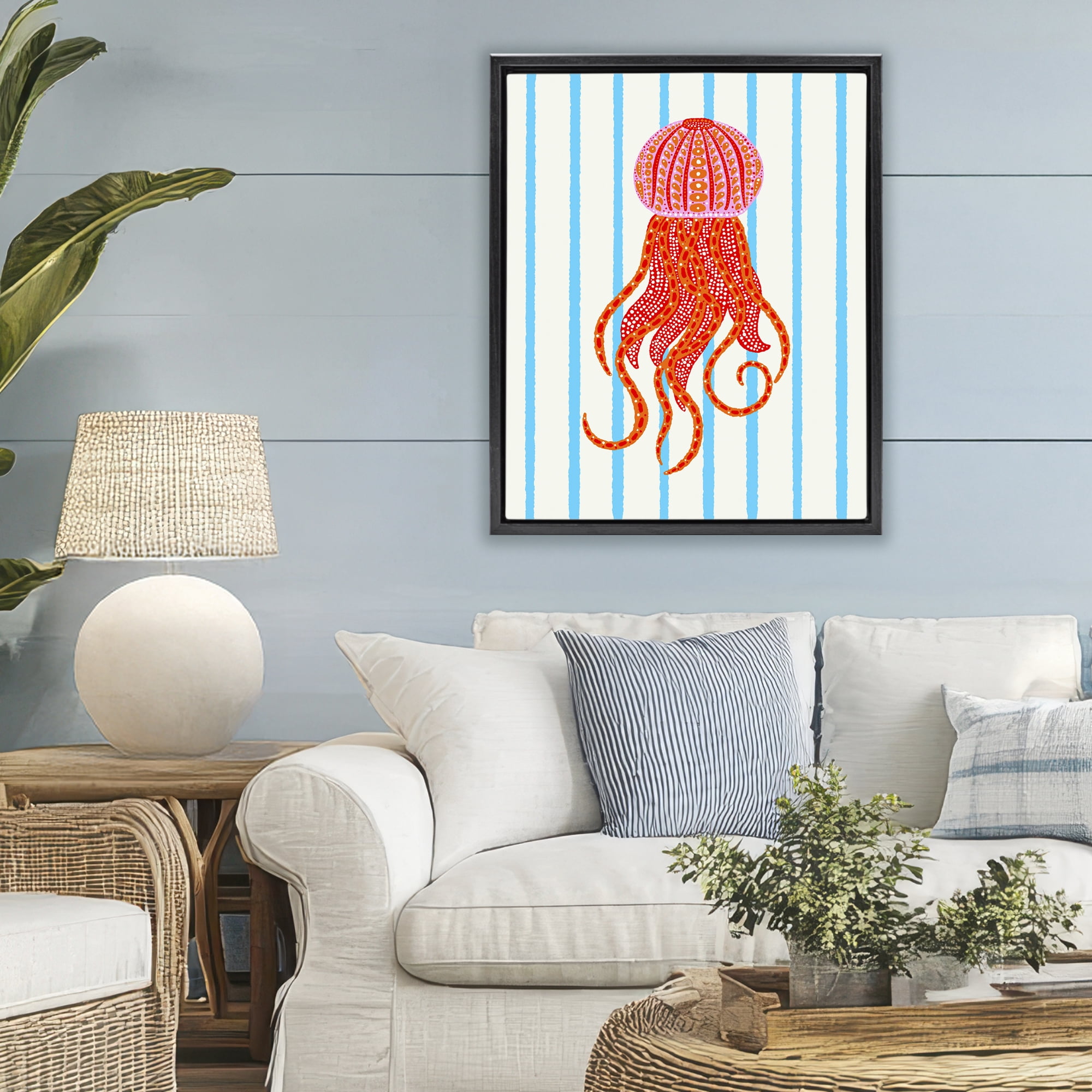 Stupell Industries Bright Aquatic Jellyfish on Stripes Black Framed Floater Canvas Wall Art, design by Indira Prieto | IndySign