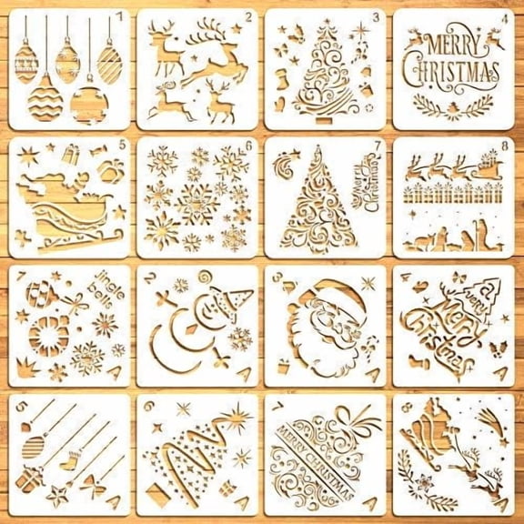 16 Pcs Christmas Stencils Drawing Templates for Painting on Wood Cookies Window Glass Door Wall - Reusable Xmas Stencils Merry Christmas Three Reindeer Santa Claus Nativity Snowflakes$$Art & Craft