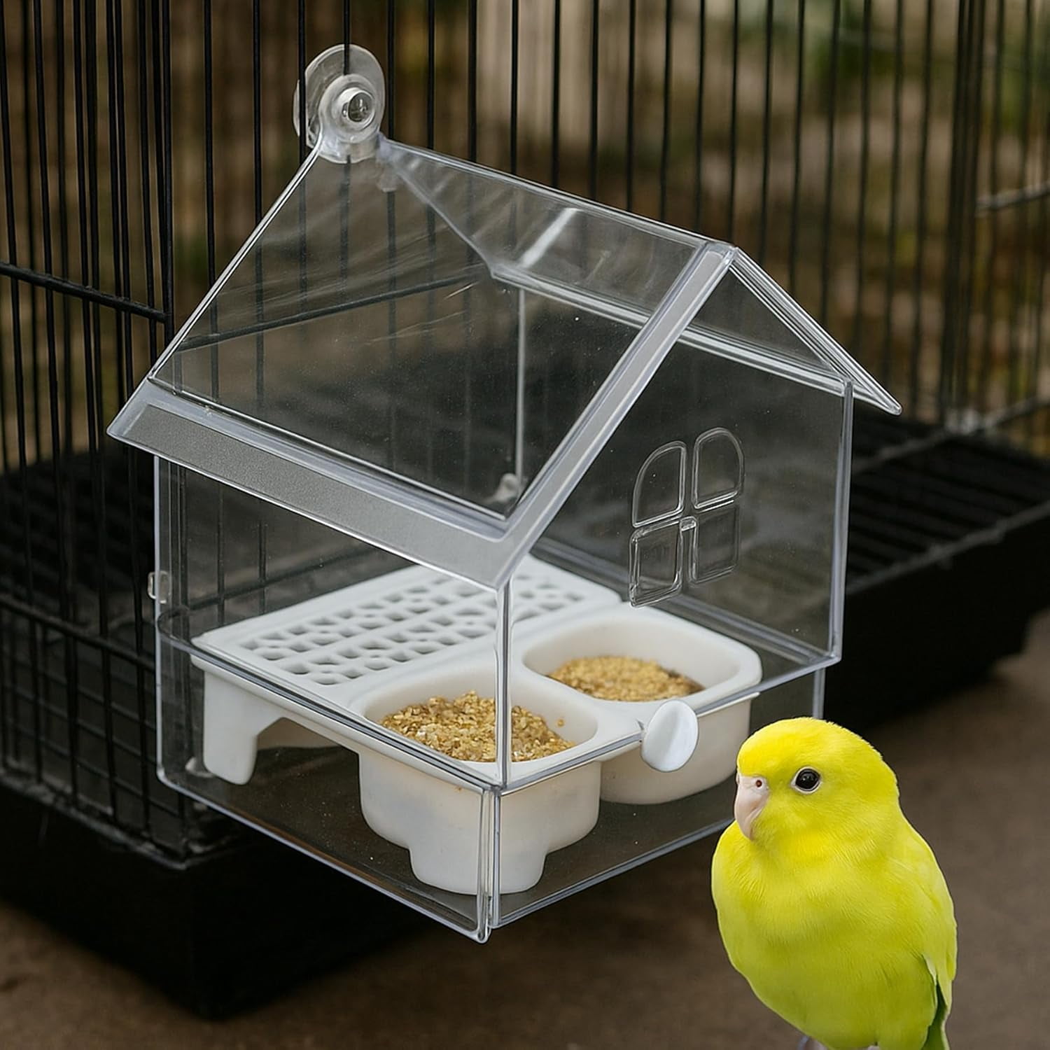 Pull-Out External Parrot Feeder - Transparent Bird Bath & Food Dispenser for Small Medium Birds, Easy to Clean Cage Accessory