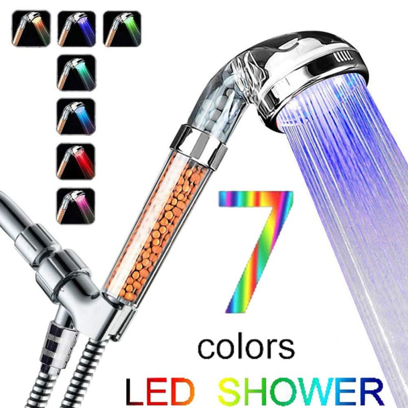 3 Color LED Filtered Shower Head High Pressure Water Saving Pause Function Kits 