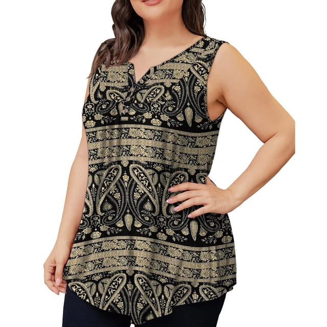 Plus Size Womens Tank Summer Printed Sleeveless Flared Trendy Casual Blouse Button Tunic Shirt Tops
