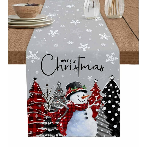 Table Runners 120 Inches Long Dress Scarves, Grey Red Christmas Farmhouse Coffee/Dining/Kitchen Table Runner for Living Room, Xmas Snowman Snowflake Tree Black 13x120 Inch