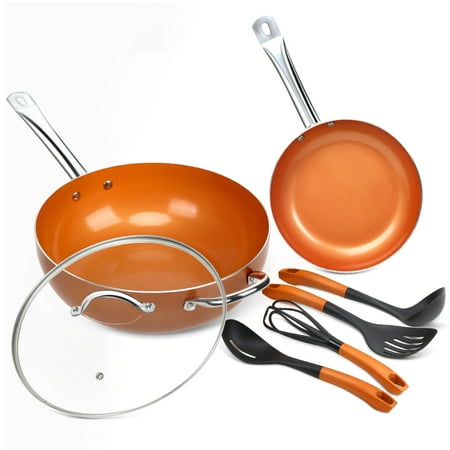 SHINEURI 7-Pcs Nonstick Ceramic Cookware Set Copper Fry Pans and Cooking Utensil Set Induction with 12" Saute Pan, 9.5" Skillet Pan and 4-Pcs Silicone Kitchen Utensils Set, Stainless Steel Handle