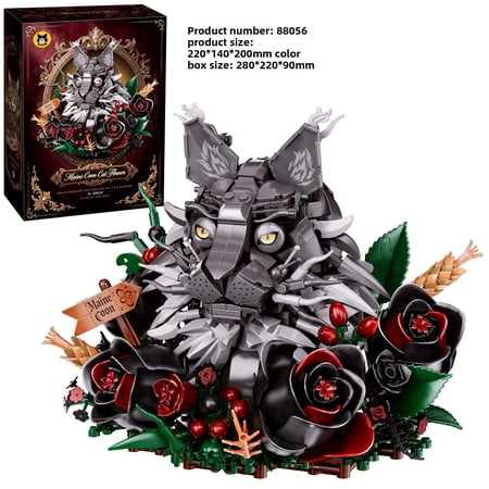 Mechanical Black Cat Building Blocks, Gothic Rose Flower Artisan Kit, Detailed MOC Main Coon Cat Model, Creative Bricks STEM Toy Gift for Adults Teens Boys Girls