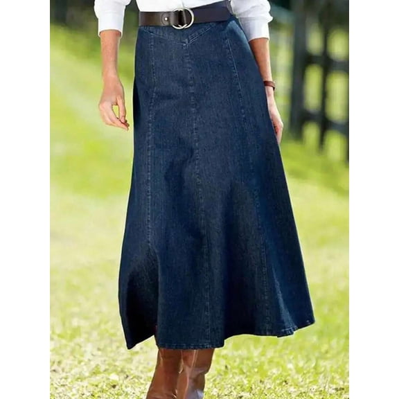 Dark Wash Denim A-Line Skirt Mid-Length Flared Hem Casual Style