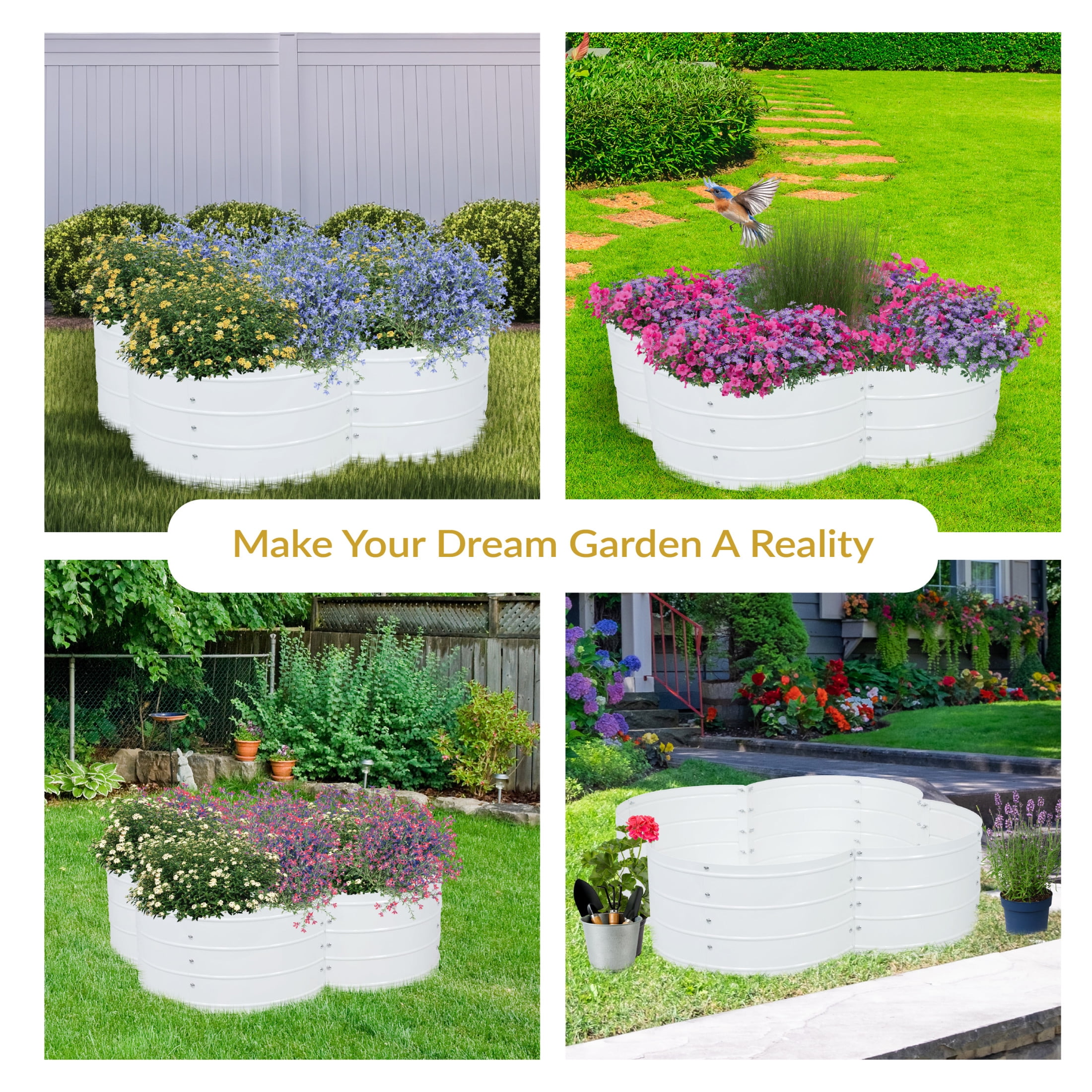 Sunnydaze 43" x 43" x 12" 4-Leaf Clover Ivory White Galvanized Steel Outdoor Raised Garden Bed