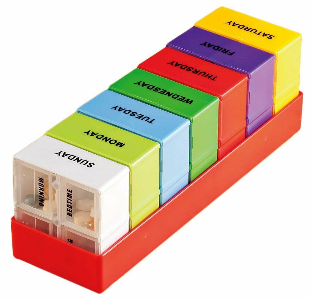 Fine Life Products 7-Day Color Coded 4 Dosage Deep Compartment Pill Organizer Great for Pills and Vitamins, Red Tray