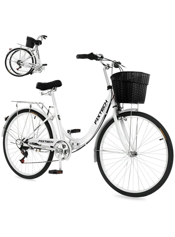 FIXTECH 26 Inch 7 Speed Foldable City Bike, Cruiser Bike, Carbon Steel Bicycle for Adults, White