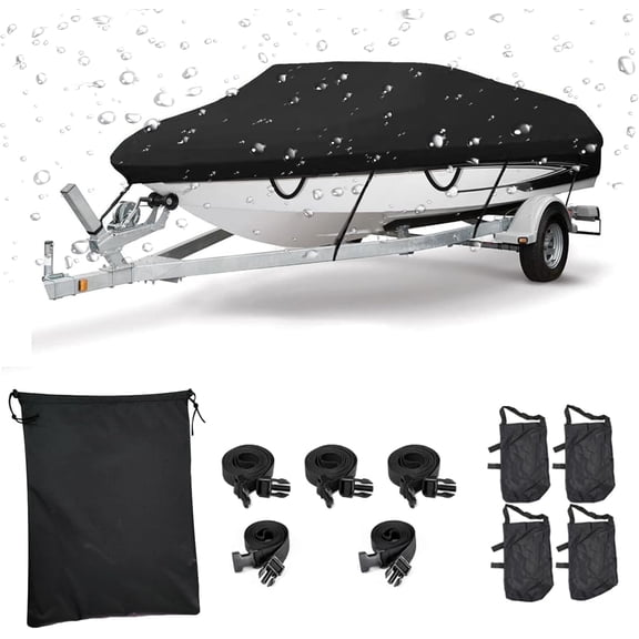 17-19ft Trailerable Boat Cover, Heavy Duty Waterproof Marine Grade Polyester Canvas, Fits V-Hull, Tri-Hull, Fishing Runabout Boat With Storage Bag