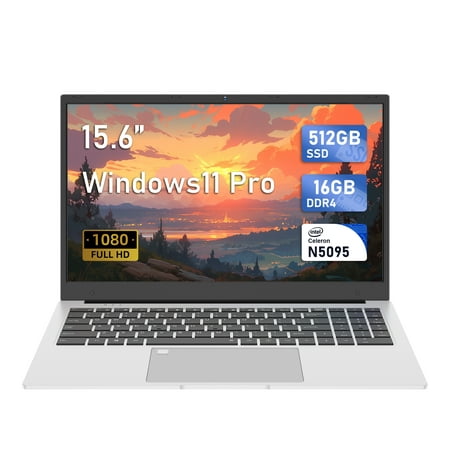 Byone 15.6" Laptop Intel Celeron N5095 16GB DDR4 512GB M.2 SSD Backlit Keyboard Fingerprint Unlock-Silver