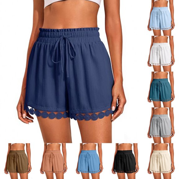 Only Moment Shorts for Women Polyester Summer Elastic Waist Casual Lightweight with Pockets Womens Shorts Casual Blue,S