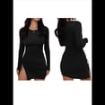 thumbnail image 3 of Vestido Corto de Punto Elástico, Ajustado, Fruncido, con Cordón Ajustable, Liso, de Otoño, Cuello Redondo, Larga Negro XS, 3 of 6