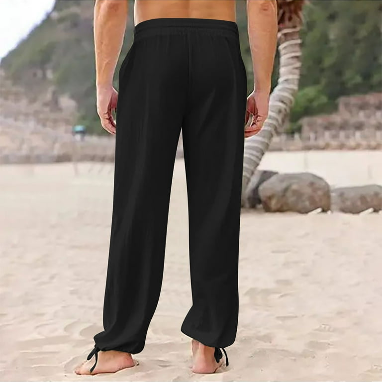 Mens Linen Cargo Pants Lightweight Elastic Waist Drawstring Casual Loose Summer Beach Yoga Pants with Pockets Black S