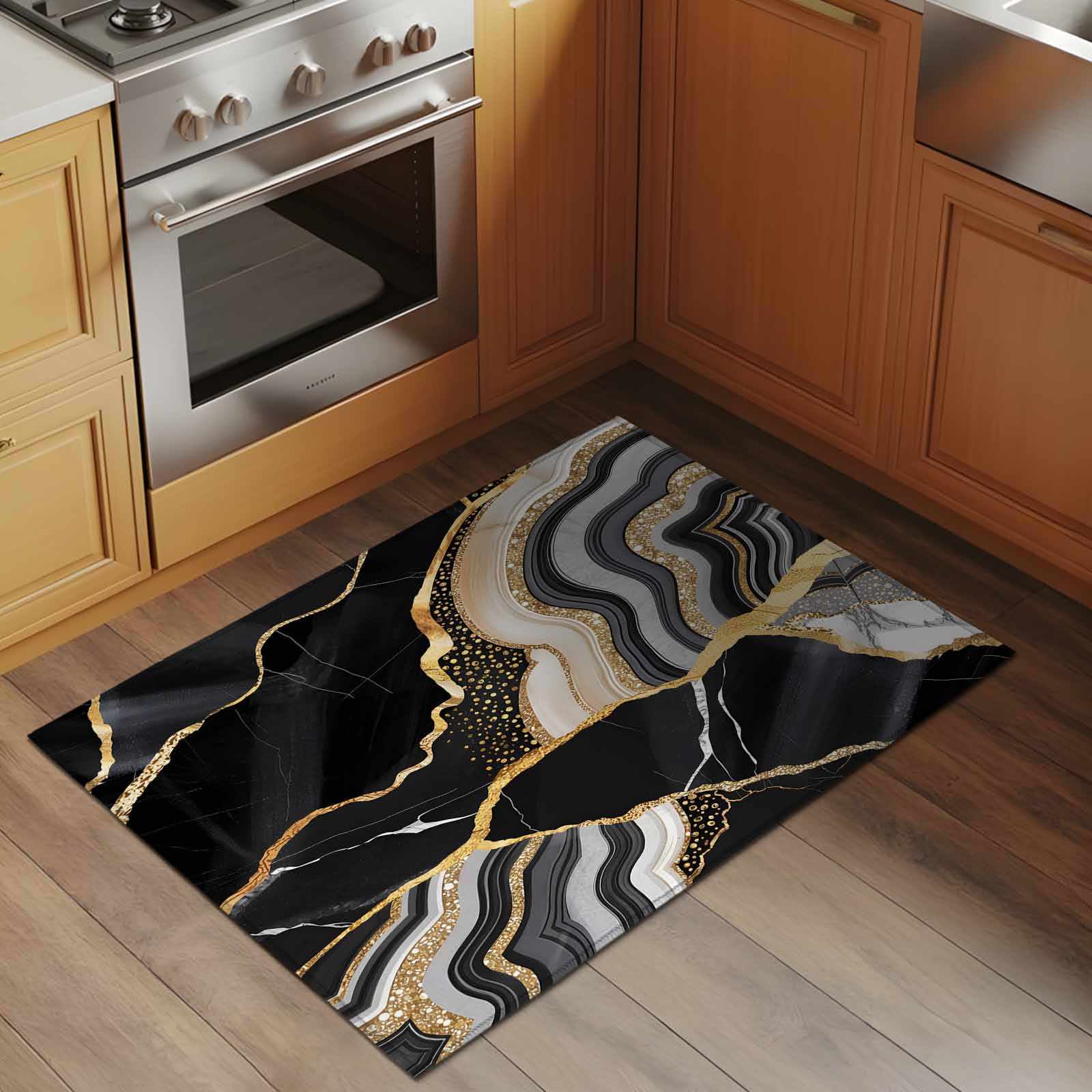 2x3 Ft Entryway Area Rug, Black Marble Kitchen Rug Runner Washable Floor Mat, Grey Gold Texture Vintage Farmhouse Art Non Slip Indoor Door Mat Throw Carpet for Bathroom Living Room Bedroom