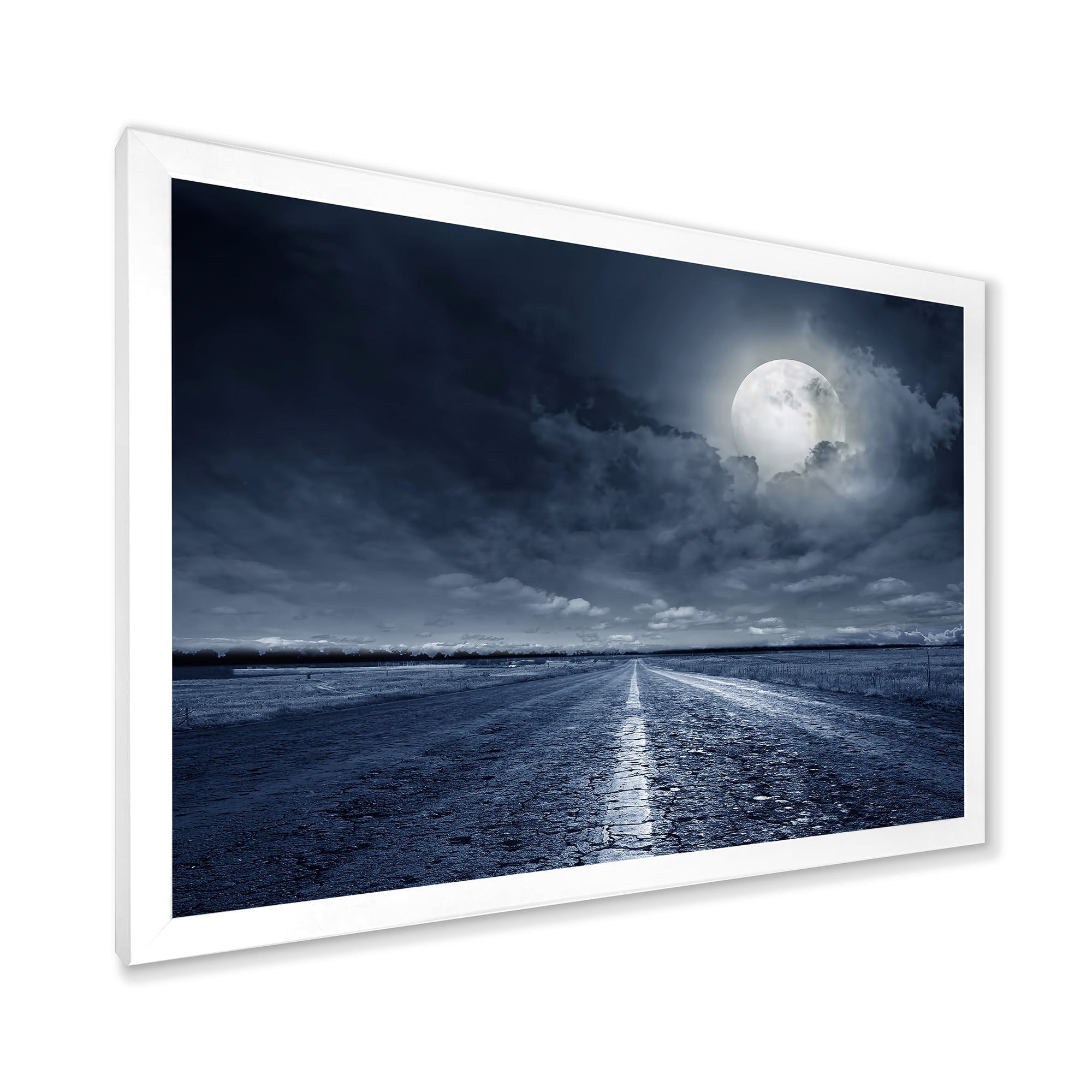 Designart 'Cloudy Full Moon Over Asphalt Road I' Nautical & Coastal Framed Art Print