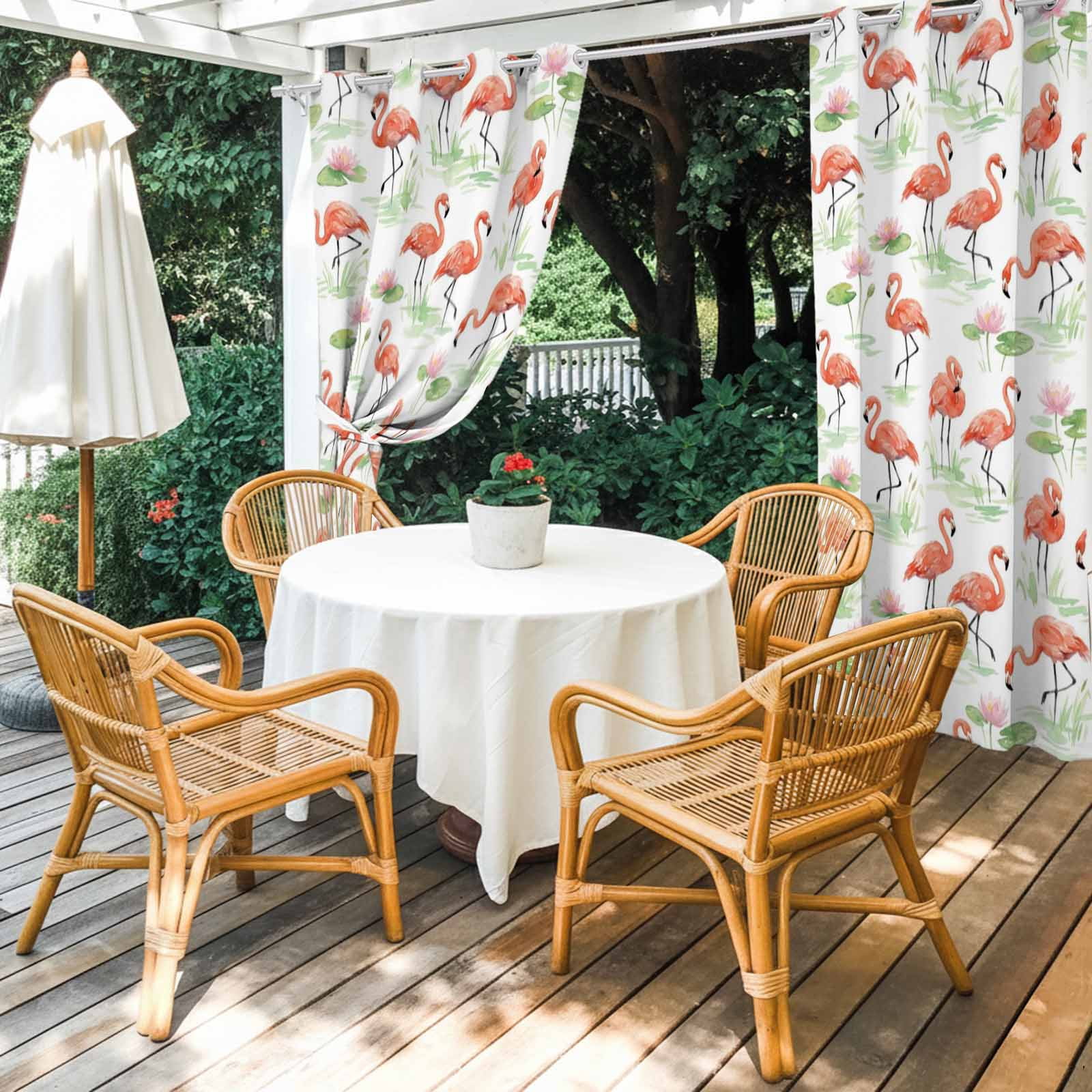 Pink Flamingos Outdoor Curtains for Patio, Boho Summer Pink Tropical Vibe Lotus Flower Lotus Leaf Sunshade Privacy Drapes Grommet Waterproof Outside Curtains for Porch Balcony 54"x108", 1 Panel